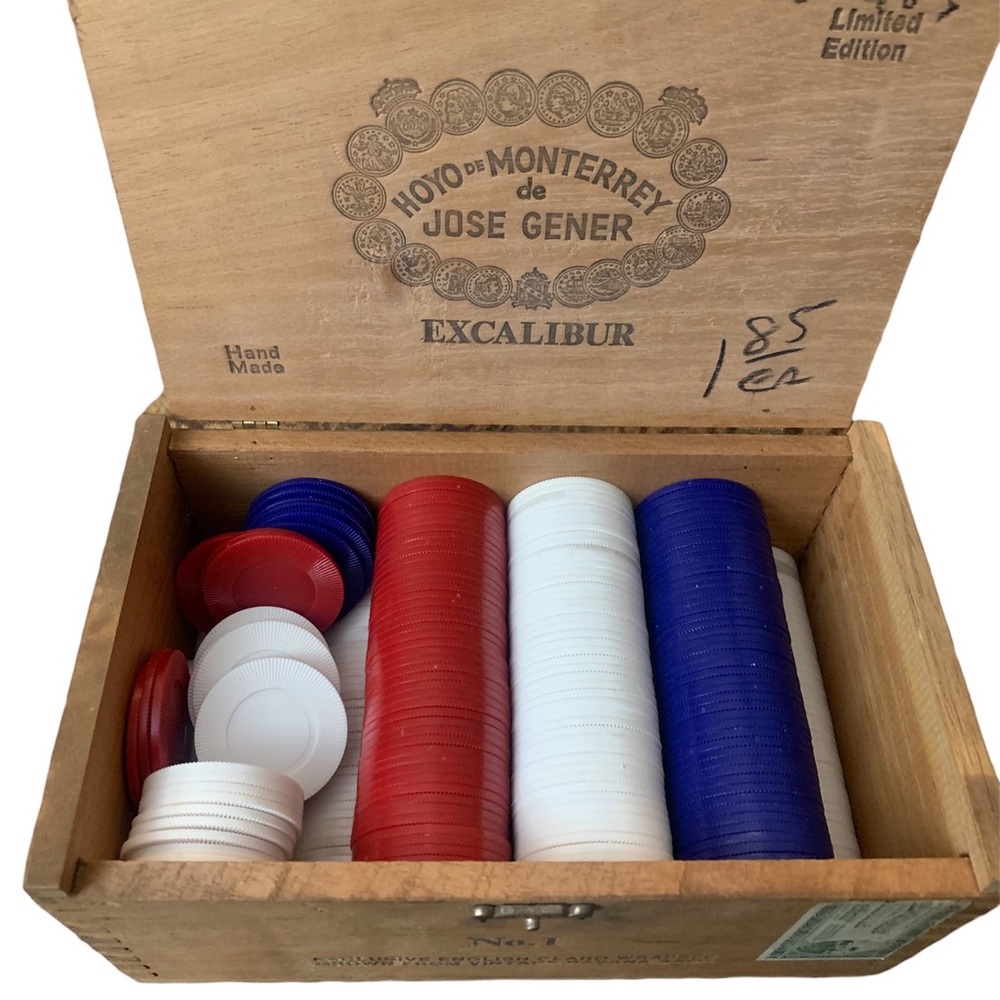 Poker Chips in Vintage Wooden Cigar Box